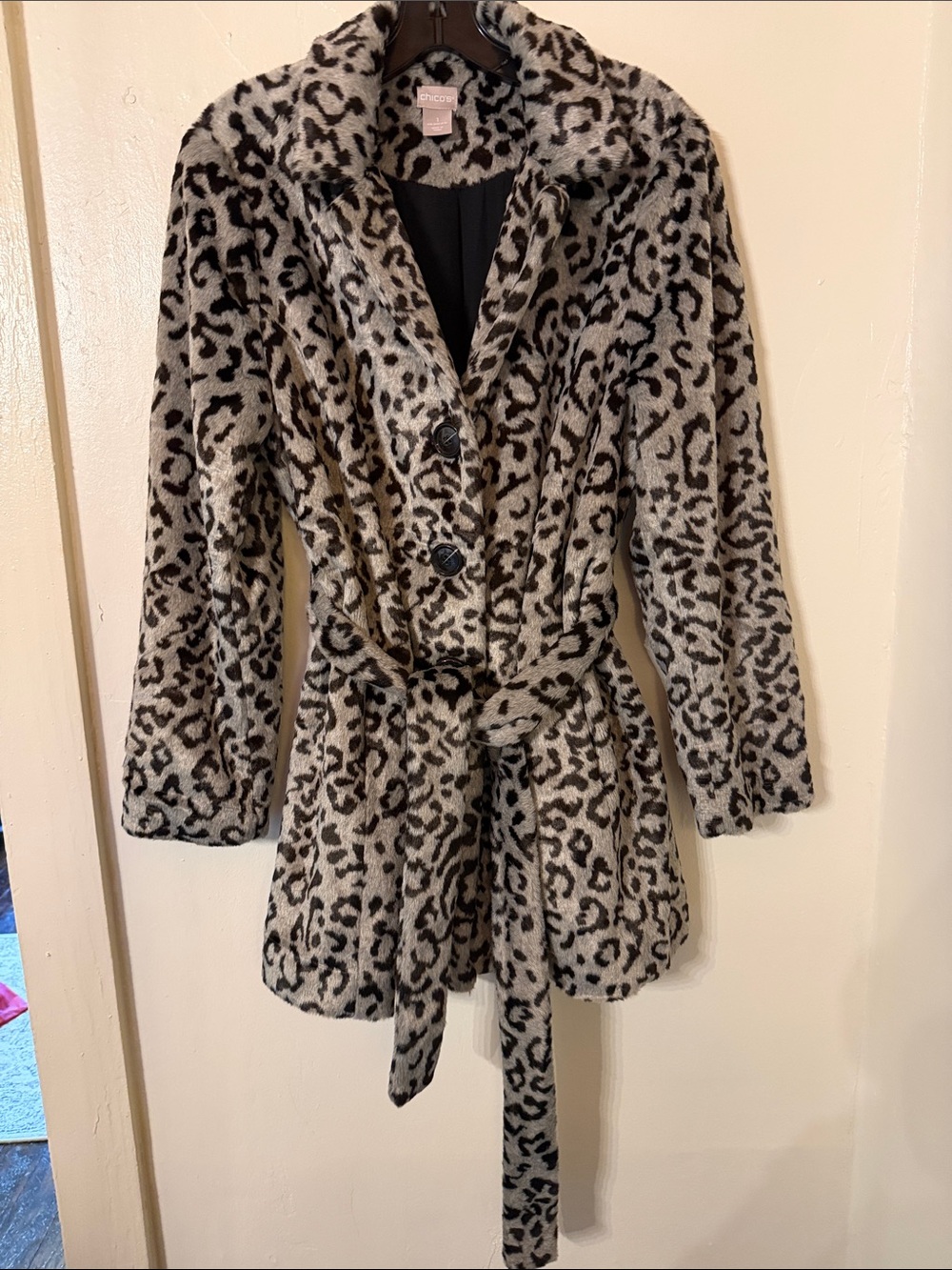 Chico's Black and Cream Leopard Print Faux Fur Coat with Belt
